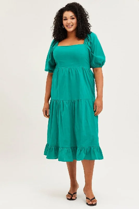 Green Maxi Dress Square Neck Short Sleeve Tie