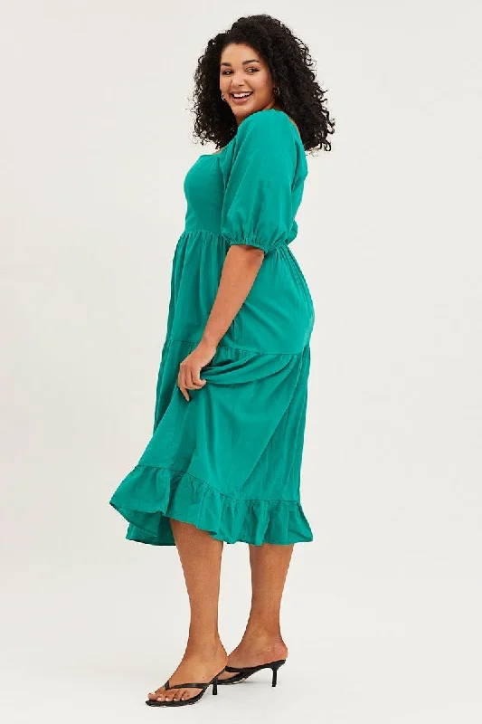 Green Maxi Dress Square Neck Short Sleeve Tie