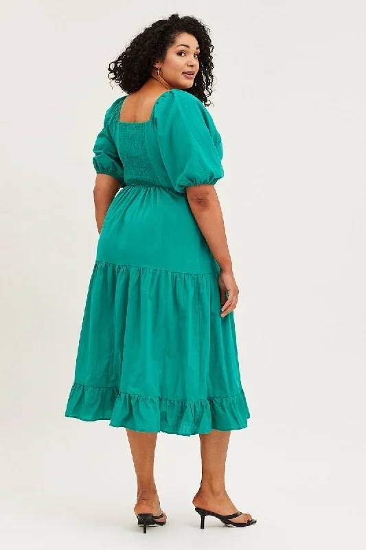 Green Maxi Dress Square Neck Short Sleeve Tie