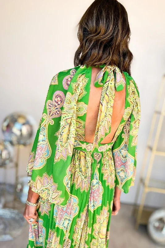 Green Printed Open Back High Neck Maxi Dress