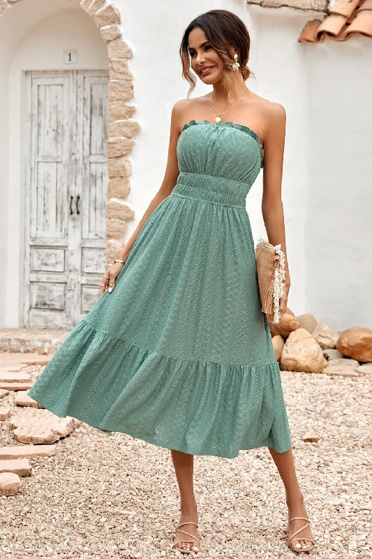 Green Strapless A-line Midi Summer Dress