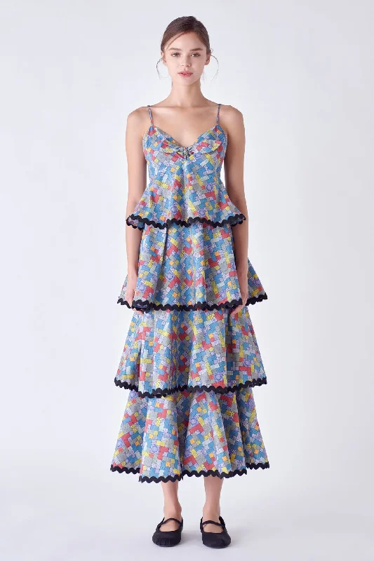 Grid Print Tiered Maxi Dress with Ric Rac Trim