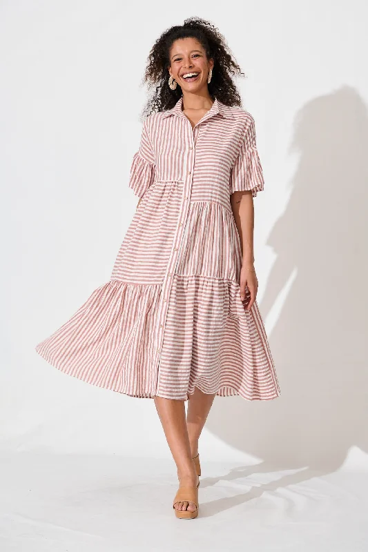 Gwennie Midi Shirt Dress In Rust And White Stripe Cotton