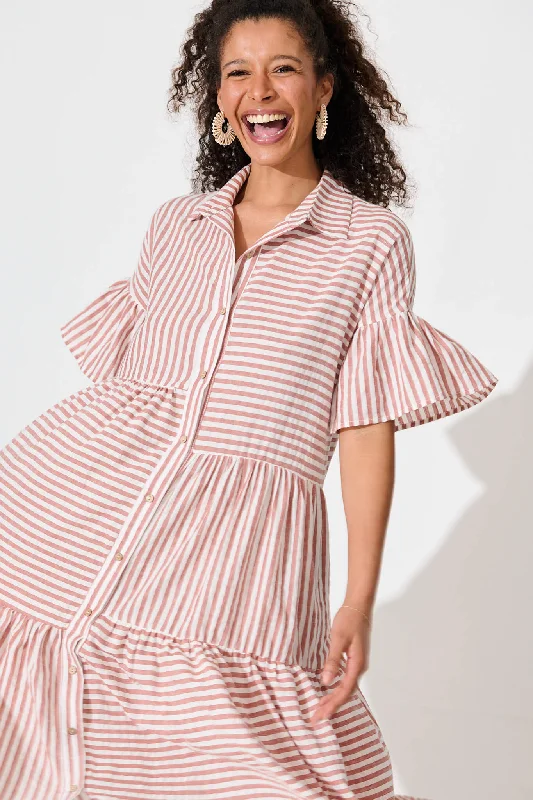 Gwennie Midi Shirt Dress In Rust And White Stripe Cotton