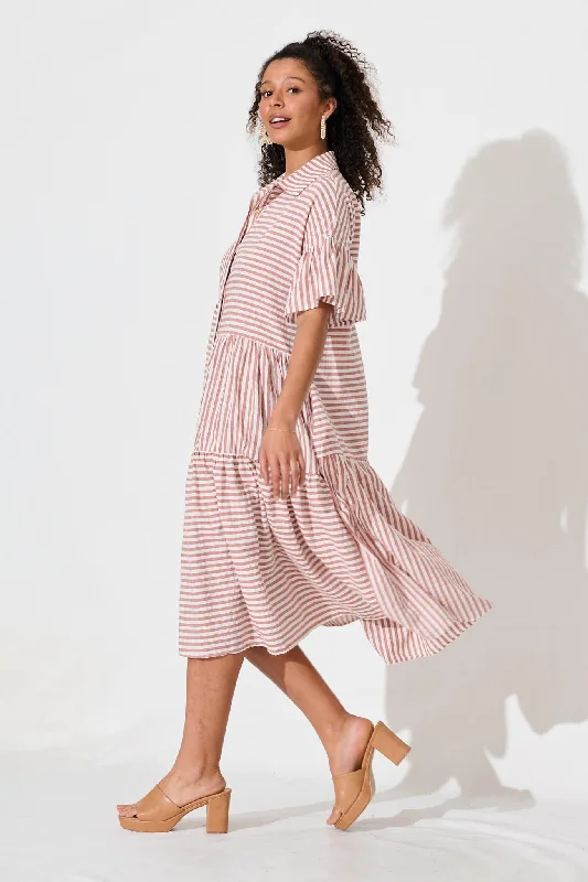 Gwennie Midi Shirt Dress In Rust And White Stripe Cotton