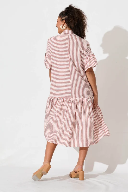 Gwennie Midi Shirt Dress In Rust And White Stripe Cotton