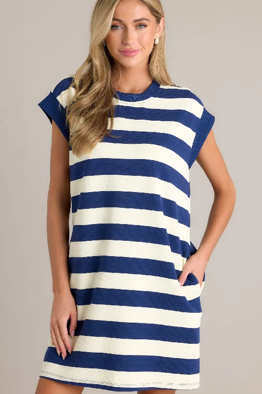 Harmony Horizon Navy Stripe Cap Sleeve Mini Dress