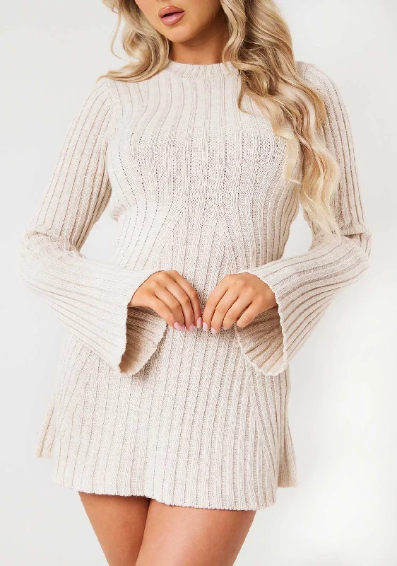 Harper Beige Rib Knit Flare Mini Dress