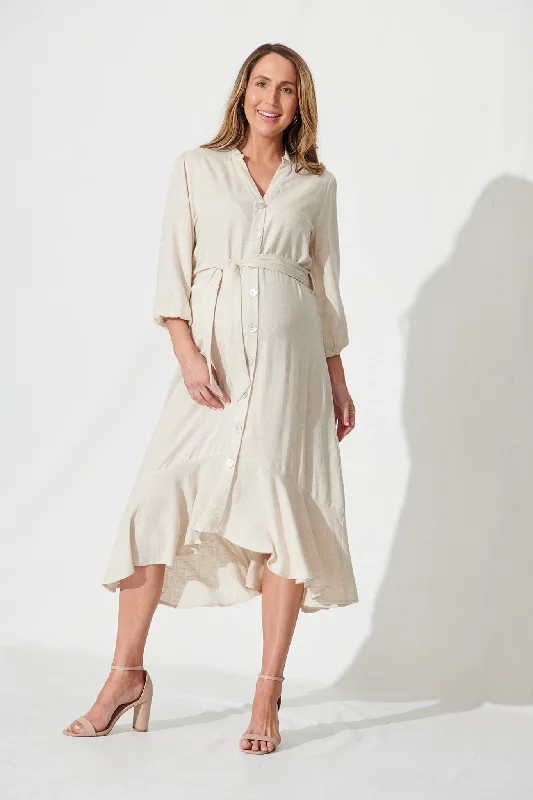 Heartland Midi Dress In Oatmeal Linen Blend