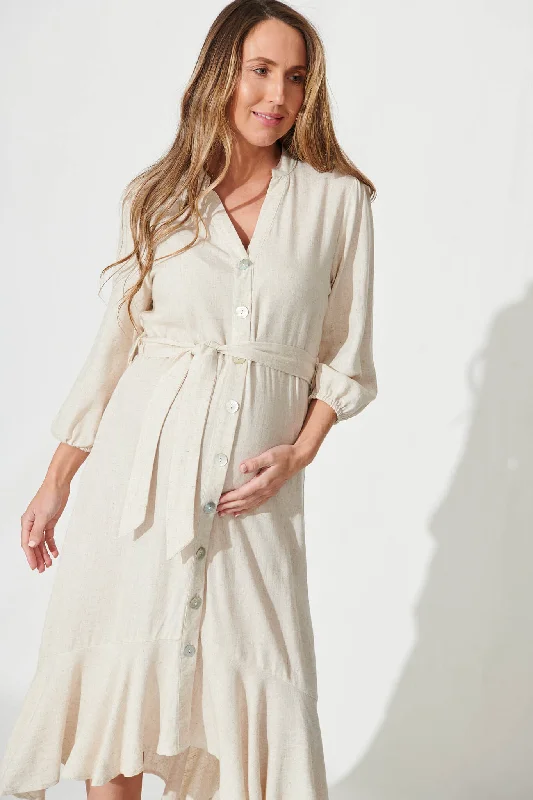 Heartland Midi Dress In Oatmeal Linen Blend