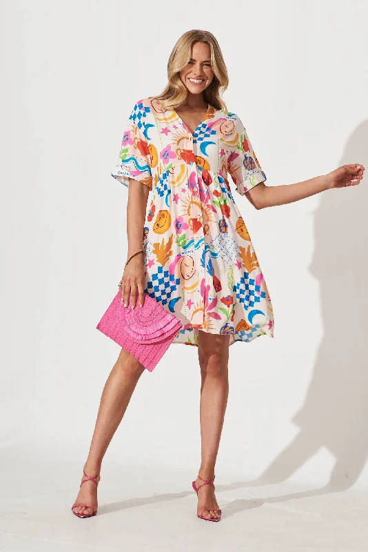 Holiday Smock Dress In Bright Multi Print