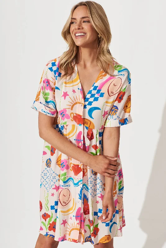 Holiday Smock Dress In Bright Multi Print