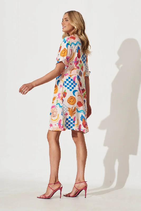 Holiday Smock Dress In Bright Multi Print