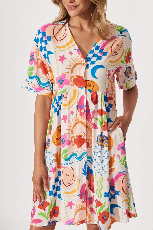 Holiday Smock Dress In Bright Multi Print