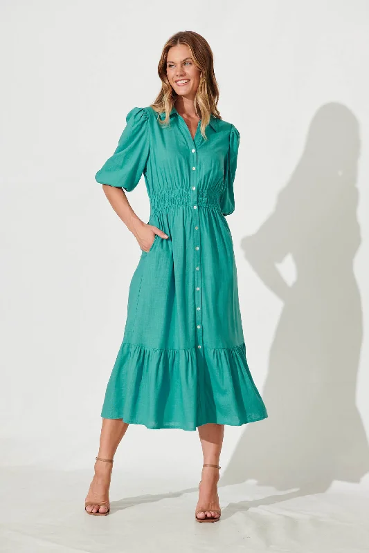 Hopkins Midi Shirt Dress In Aqua Linen Blend