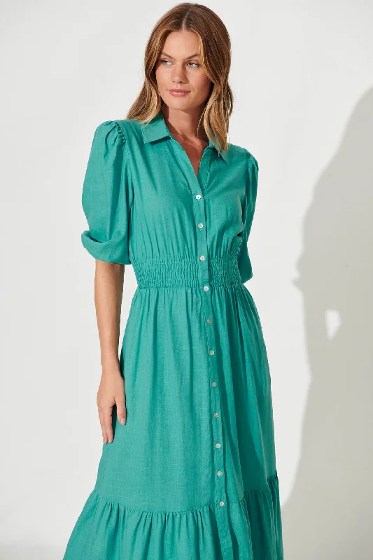 Hopkins Midi Shirt Dress In Aqua Linen Blend