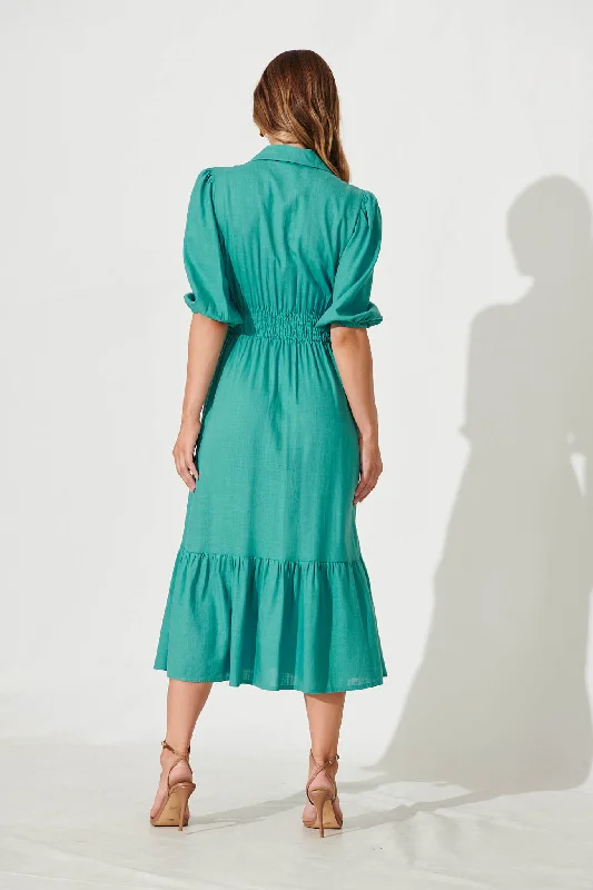 Hopkins Midi Shirt Dress In Aqua Linen Blend