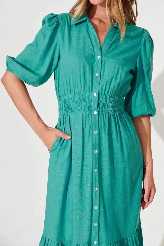 Hopkins Midi Shirt Dress In Aqua Linen Blend