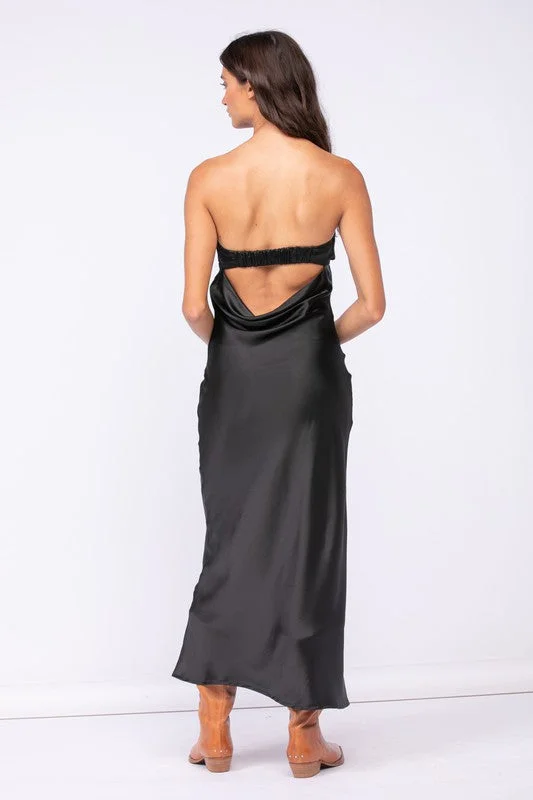 Irene Black Satin Strapless Maxi Dress