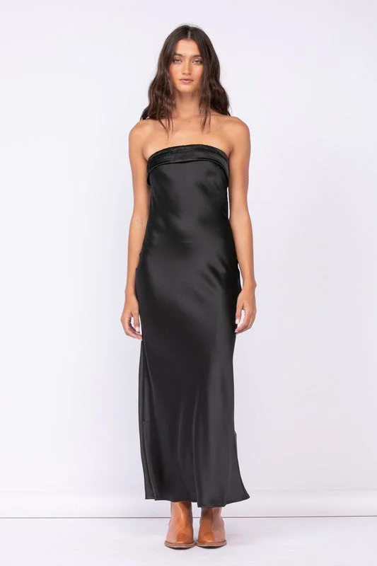 Irene Black Satin Strapless Maxi Dress