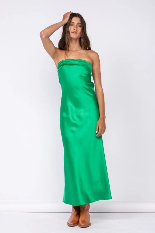 Irene Green Satin Strapless Maxi Dress