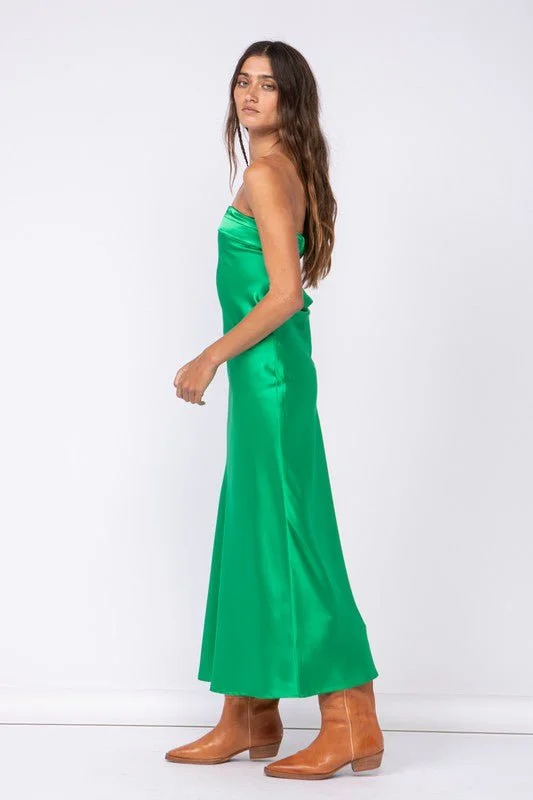 Irene Green Satin Strapless Maxi Dress