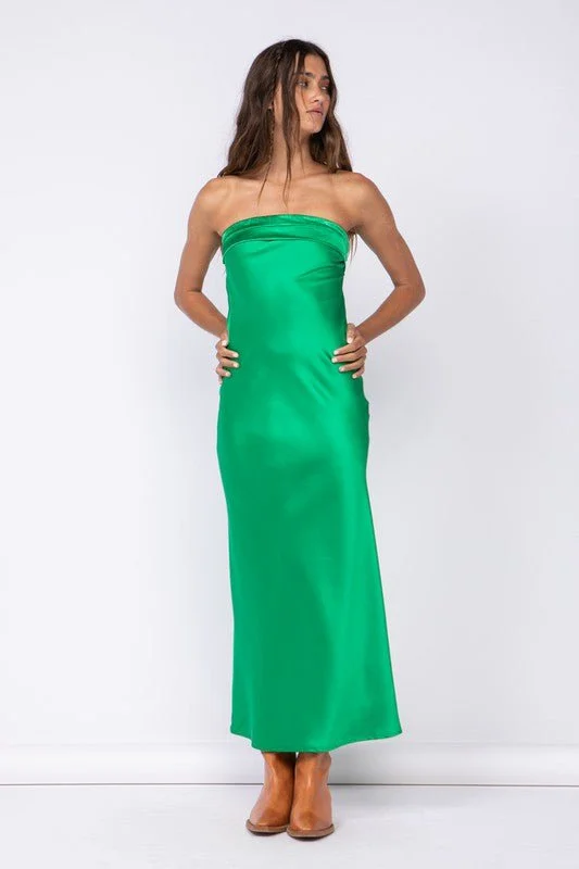 Irene Green Satin Strapless Maxi Dress