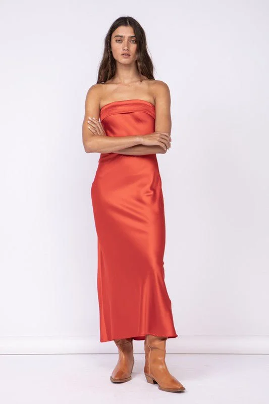 Irene Red Satin Strapless Maxi Dress