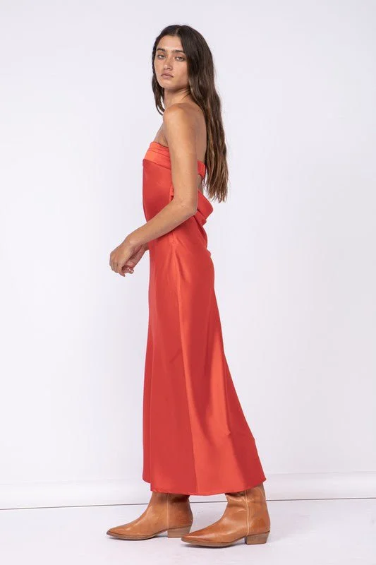 Irene Red Satin Strapless Maxi Dress