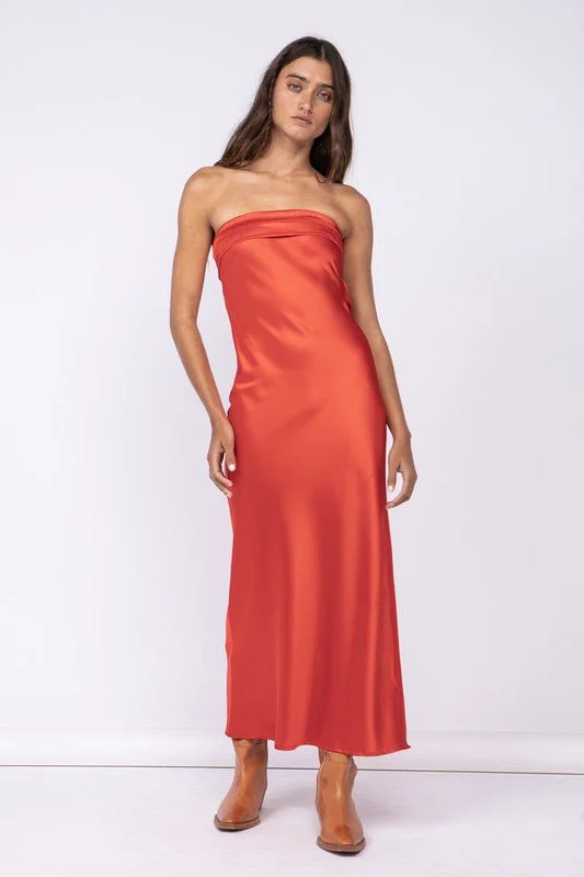 Irene Red Satin Strapless Maxi Dress