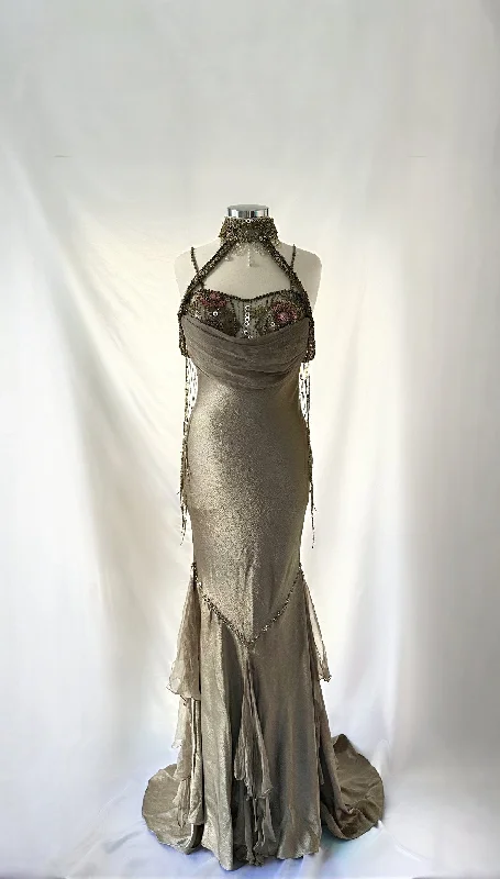 Captivating Vintage 90s Steel Grey Embellished Silk Siren Gown