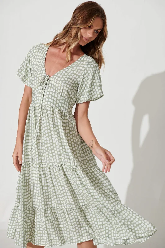 Julia Midi Dress In Green With White Polka Dot