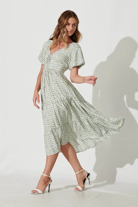 Julia Midi Dress In Green With White Polka Dot