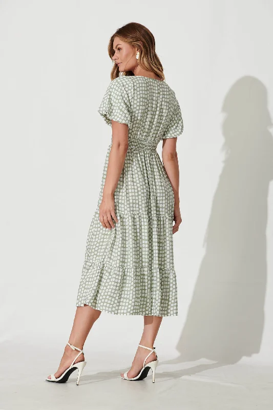 Julia Midi Dress In Green With White Polka Dot