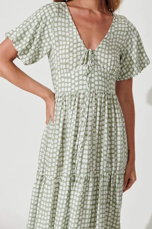 Julia Midi Dress In Green With White Polka Dot