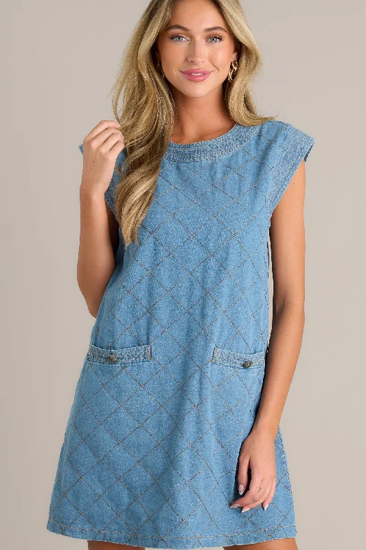 Just Wondering Light Chambray Quilted Mini Dress