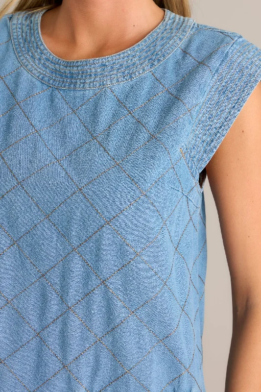 Just Wondering Light Chambray Quilted Mini Dress