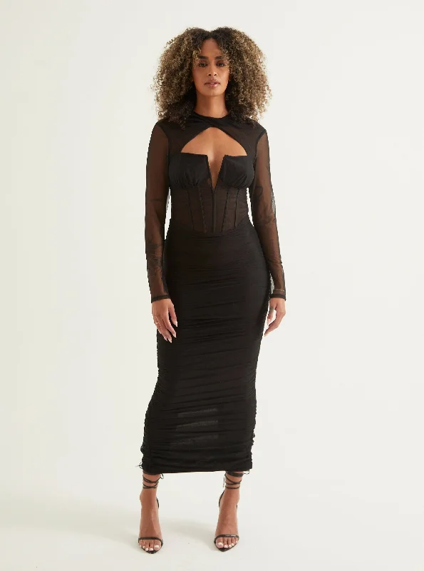 Mesh Corset Ruched Midi Dress | Black