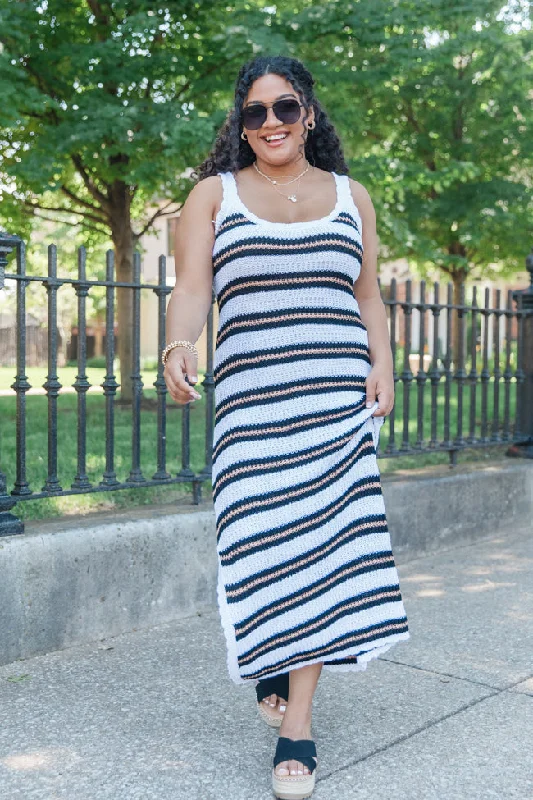 Keeping Tabs Black And White Striped Knit Sweater Dress