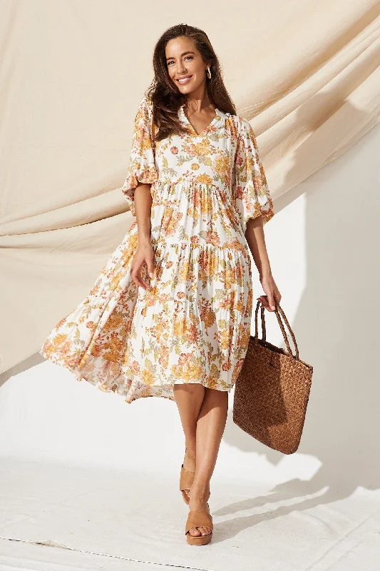 Kehlana Tiered Midi Dress In White Multi Floral