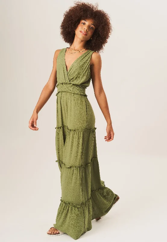 Khaki Shirred Waist Wrap Tiered Midi Dress