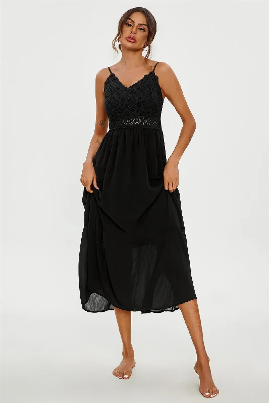 Lace Embroidery Anglaise Maxi Slip Dress In Black