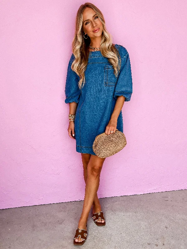 Just The Right Time Boat Neck Denim Dress