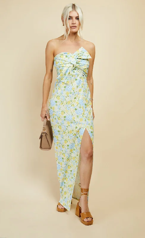 Lemon Floral Print Bow Detail Bandeau Maxi Dress