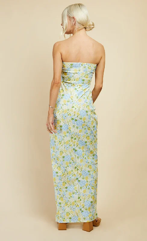 Lemon Floral Print Bow Detail Bandeau Maxi Dress