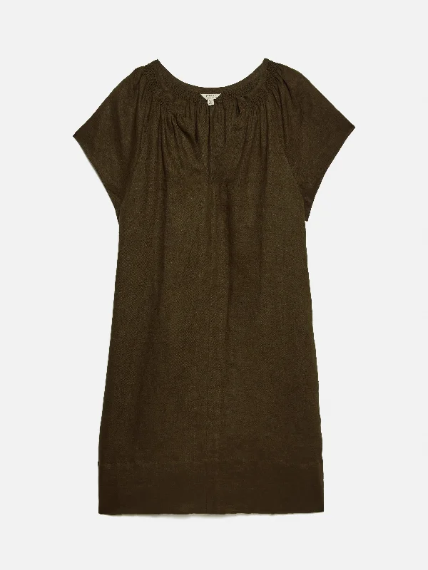 Linen Smocked T-shirt Dress | Dark Green