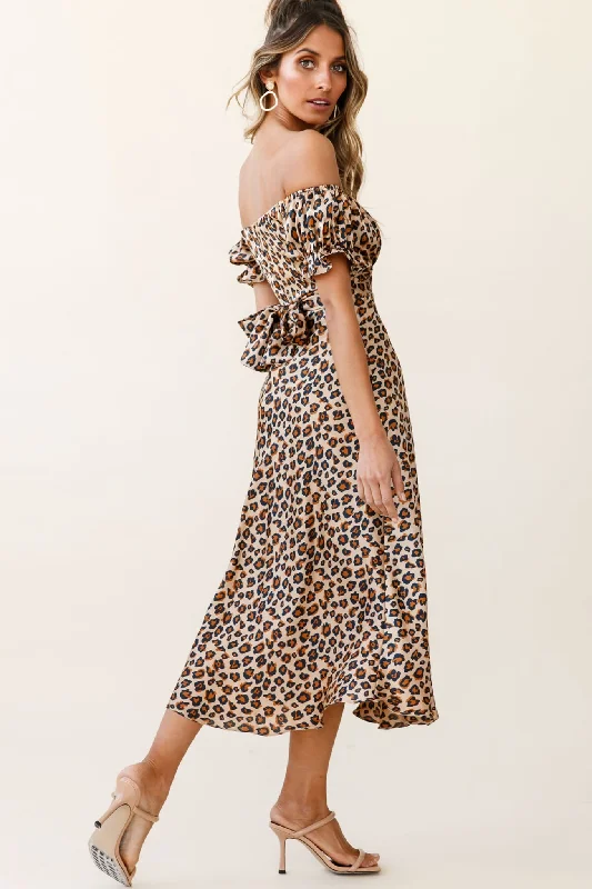 Linka Off-Shoulder Tie Back Midi Dress Leopard Print Brown