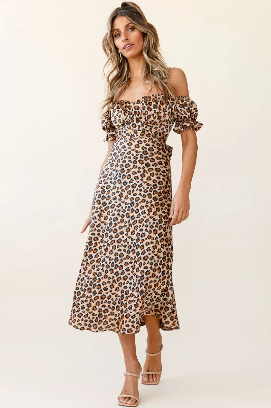 Linka Off-Shoulder Tie Back Midi Dress Leopard Print Brown