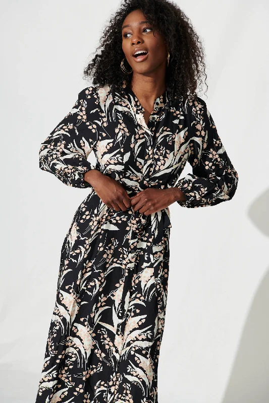 Lorie Maxi Shirt Dress In Black With Cream Leaf Cotton Blend