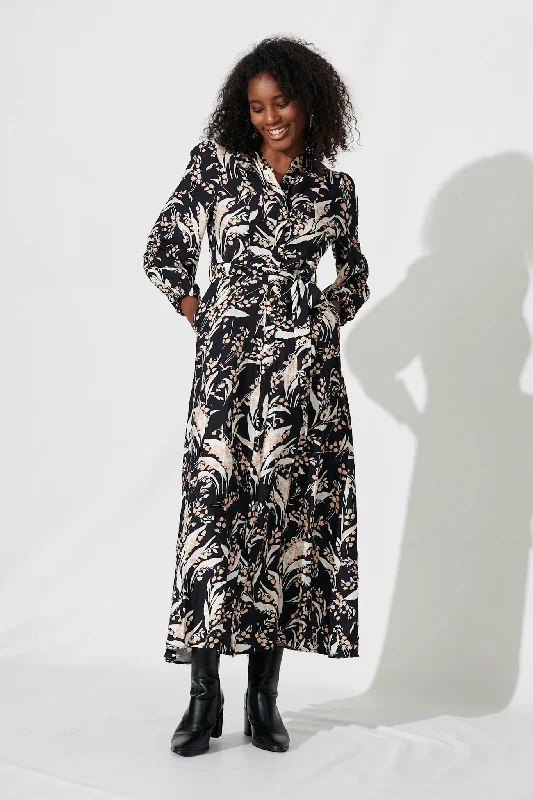 Lorie Maxi Shirt Dress In Black With Cream Leaf Cotton Blend